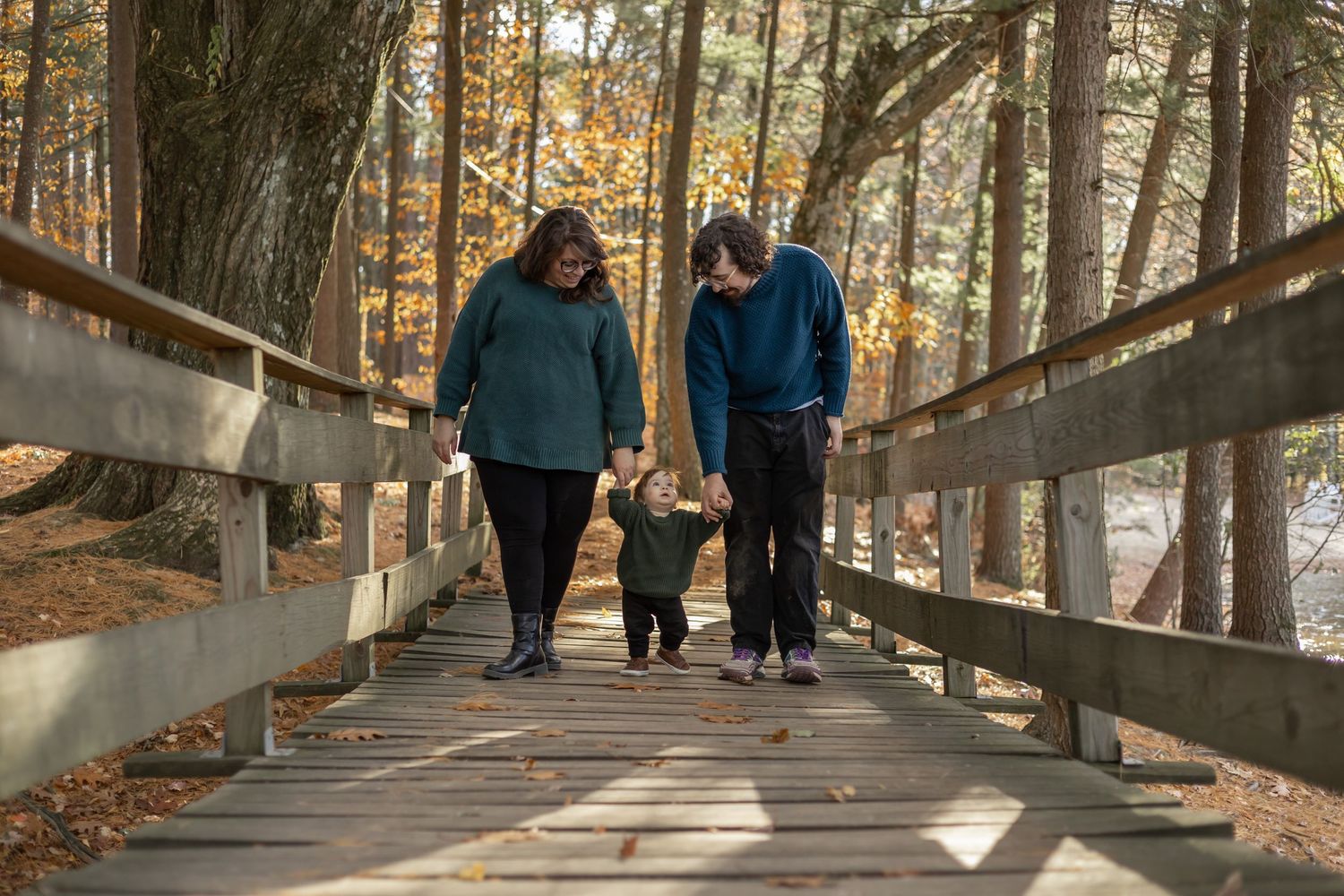 People walking together on a scenic wooden boardwalk trail through a peaceful autumn forest on a sunny day.