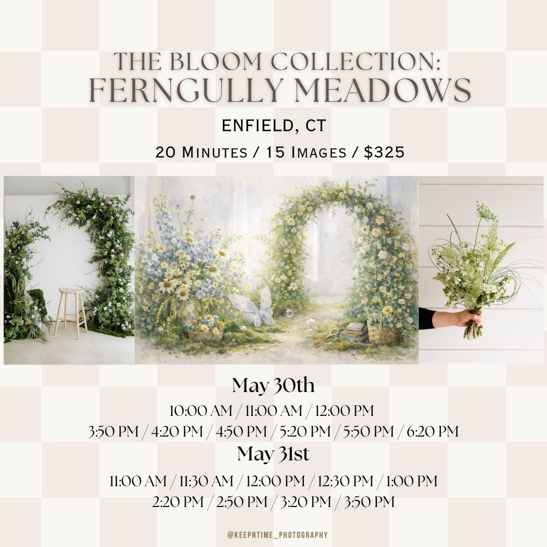 Promotional banner for The Bloom Collection: Ferngully Meadows photography sessions with soft floral design and time slots.