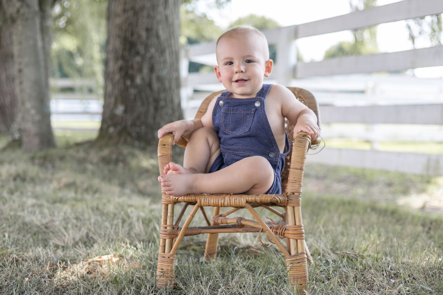 Baby wearing blue jean overalls sits in rustic wicker chair on grassy lawn by white fence.