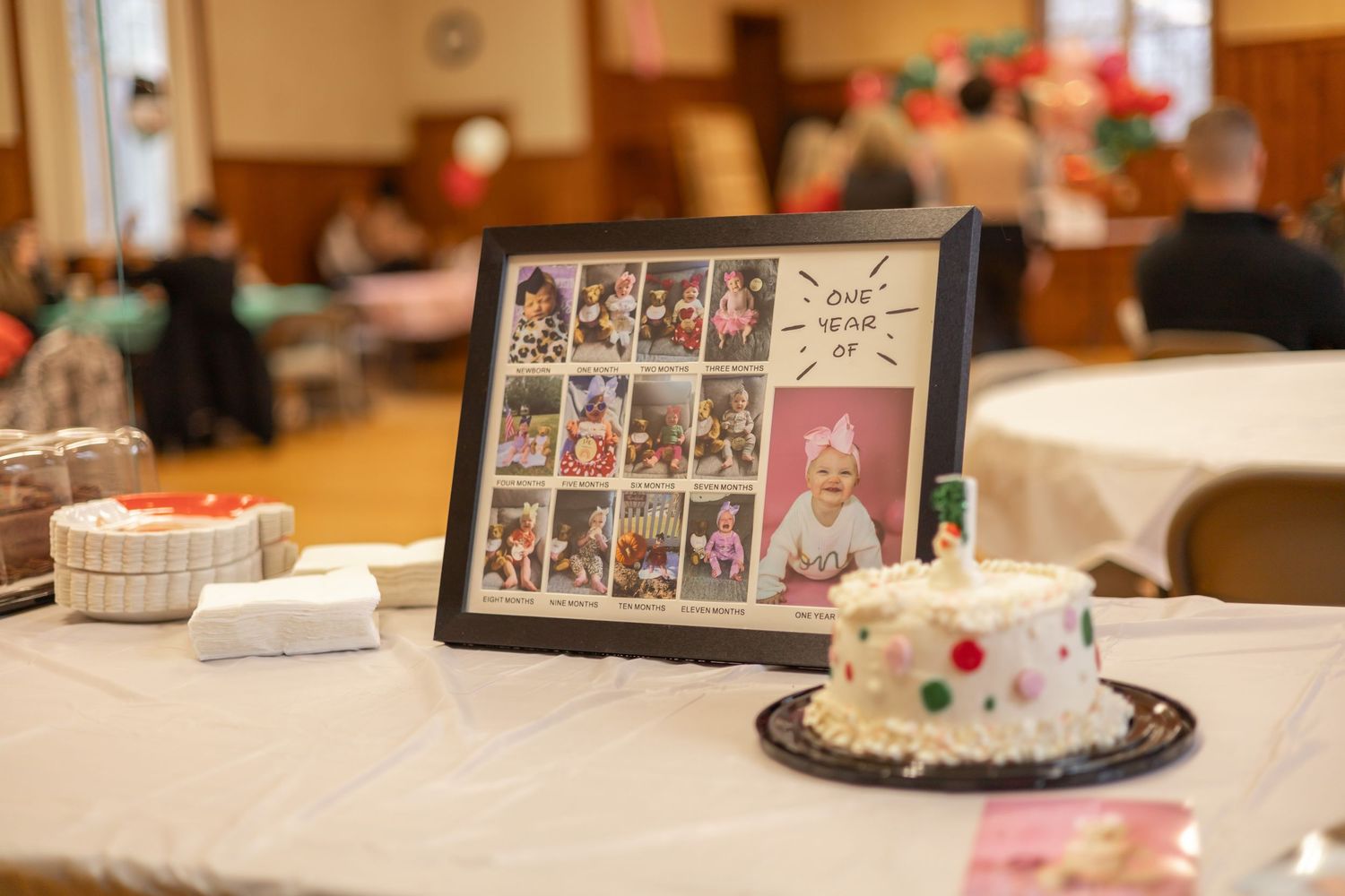 Collage of party decorations showing small cakes and framed photos displayed on tables at what appears to be a celebration.