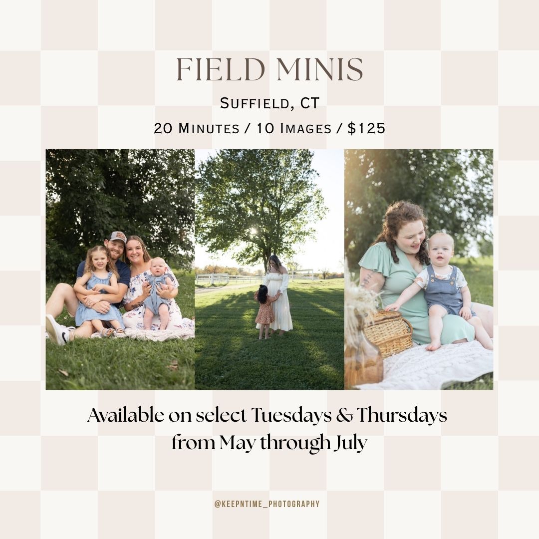 Marketing banner for outdoor field mini photography sessions showing sample family photos and booking details.
