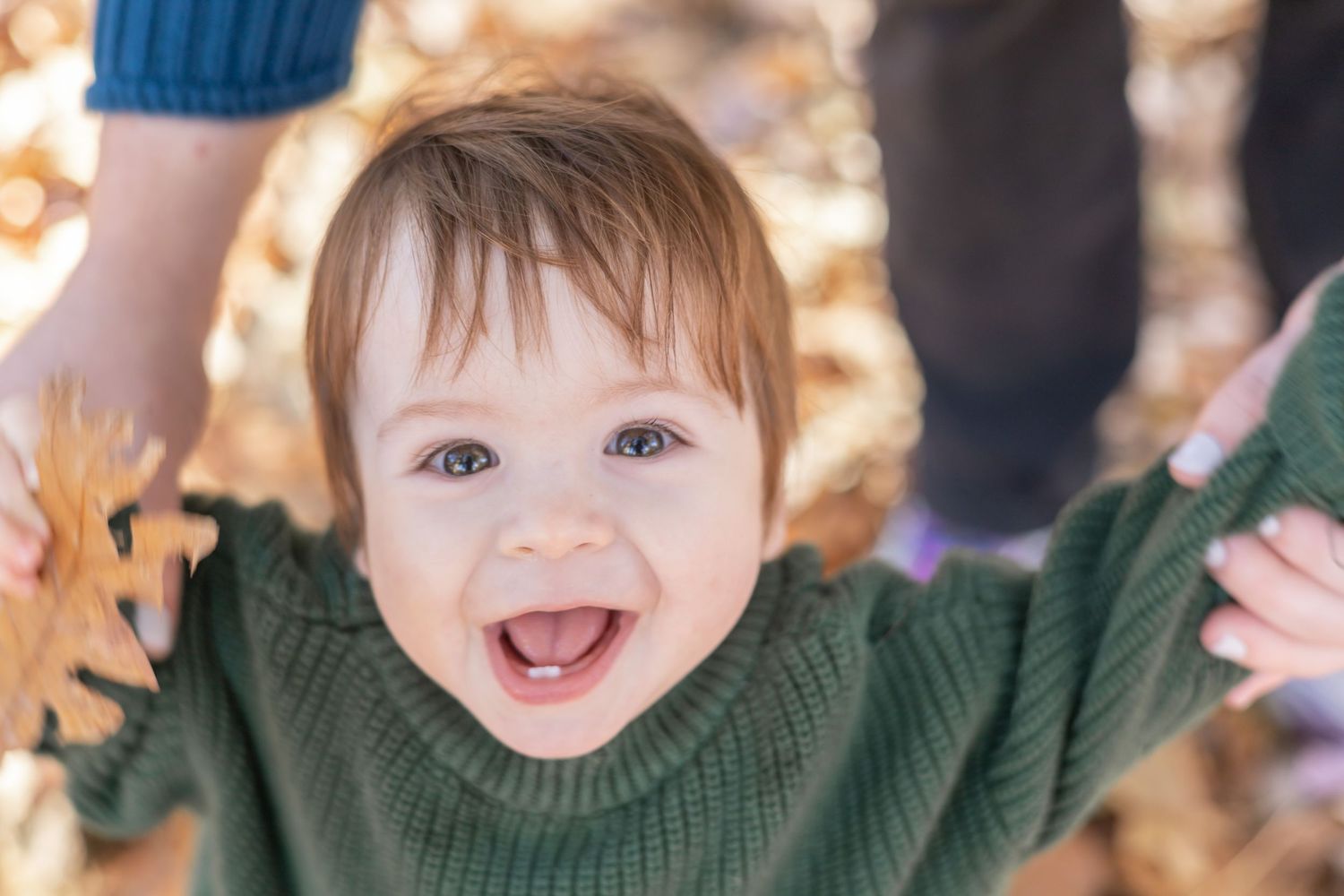 Happy baby wearing green sweater laughs while playing in autumn leaves outdoors.