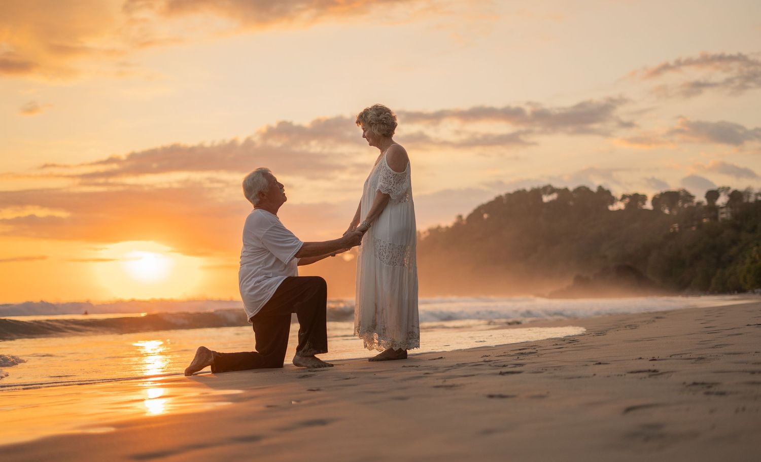 Silhouettes against golden sunset sky on tropical beach during romantic photoshoot. Manuel Antonio, Costa Rica.