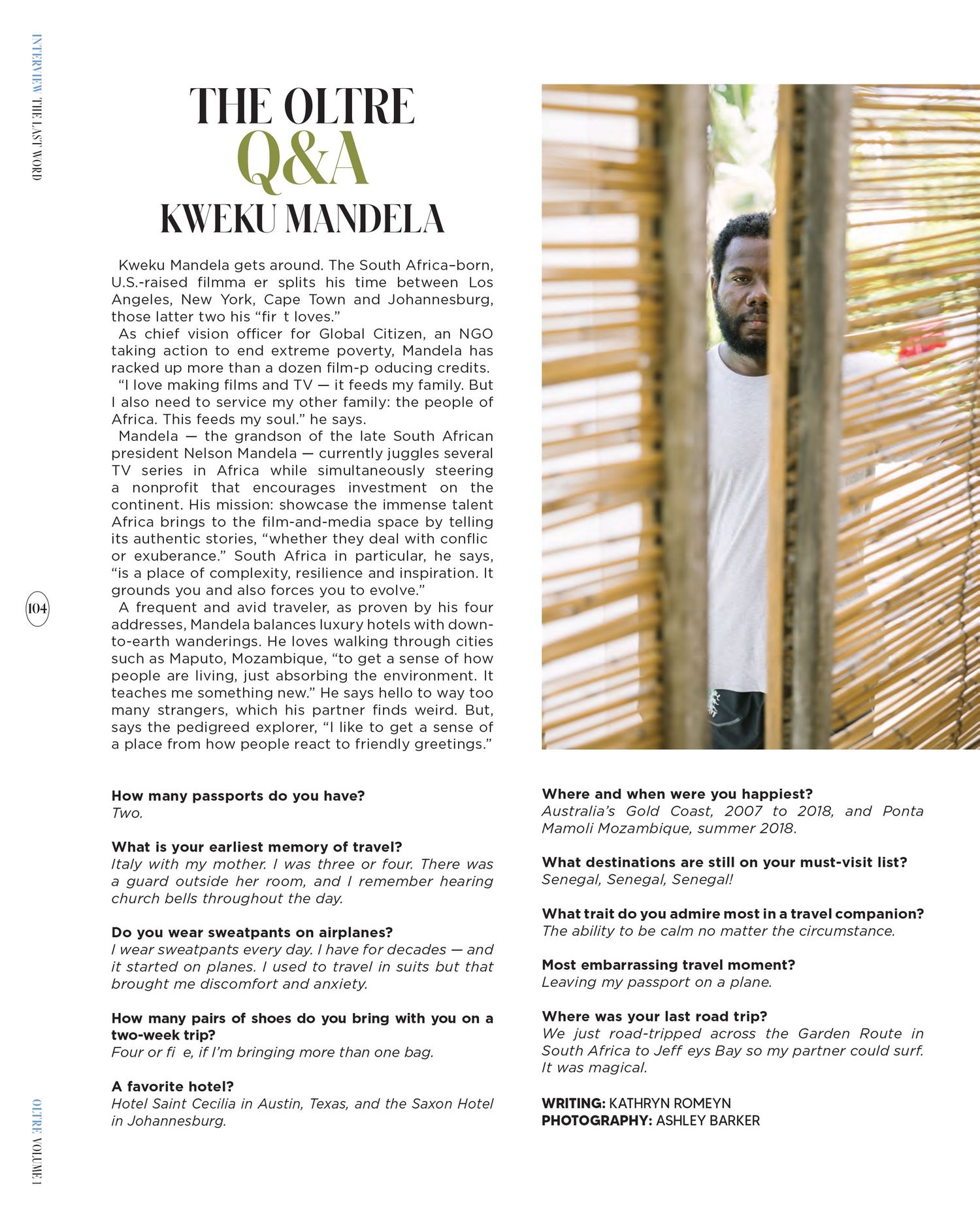 A magazine article page from Oltre Magazine of Kweku Mandela