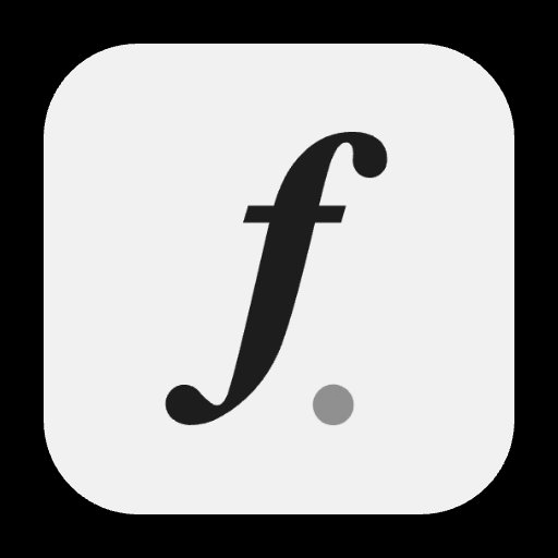 Black italic 'f' symbol with gray dot on white rounded square background, resembling a mobile app icon.