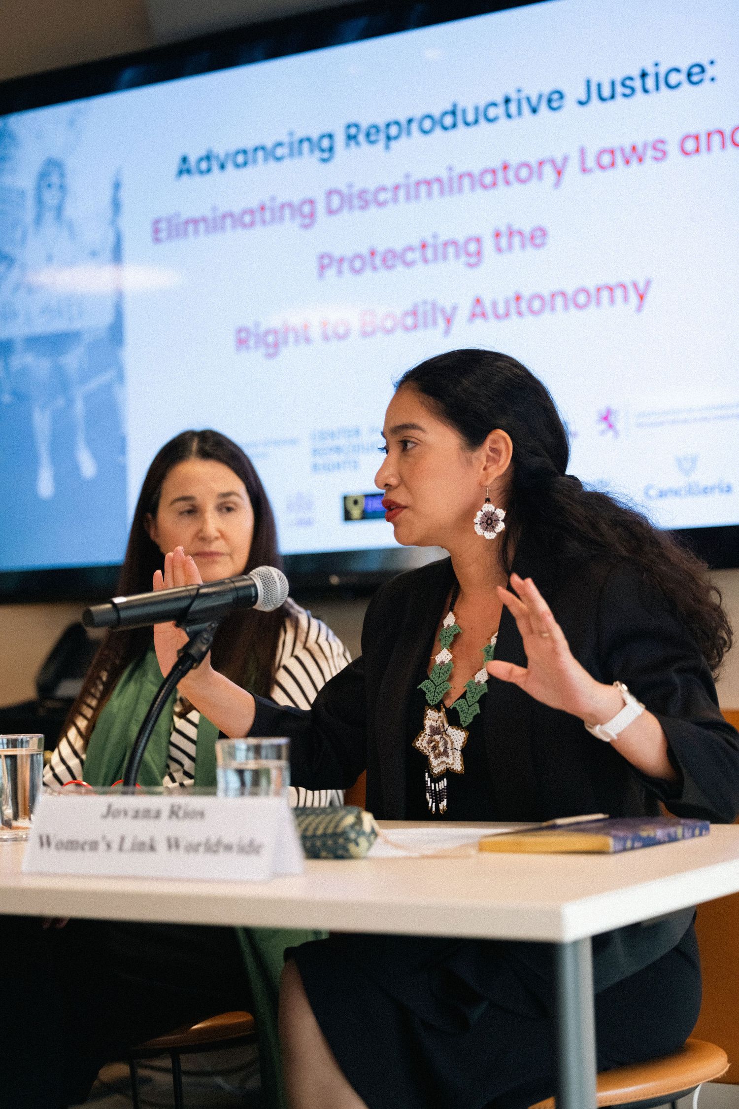 Panel discussion participants engage in conversation at reproductive justice conference with presentation slides visible.