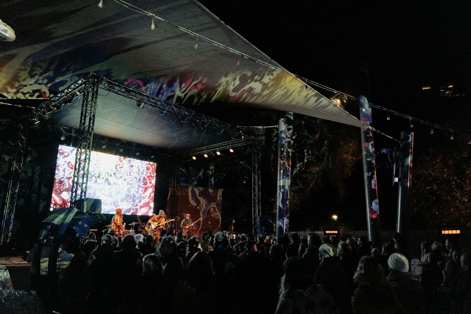 Dark concert venue with silhouettes of crowd and stage lighting.