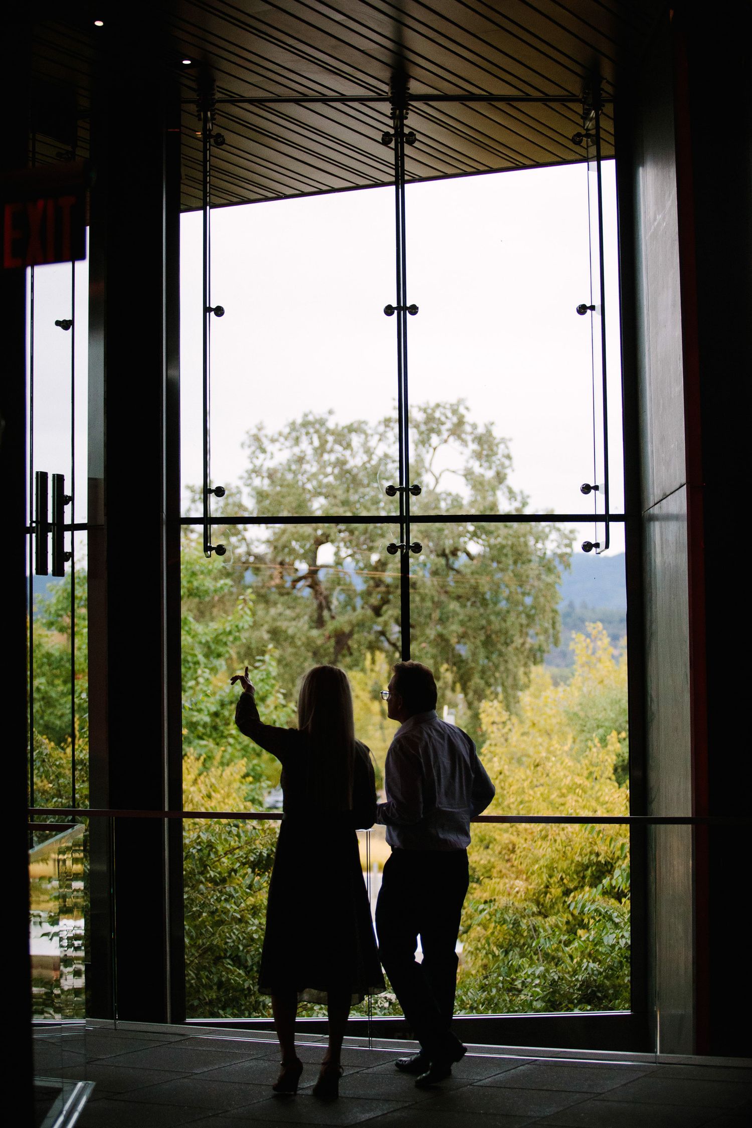 Silhouettes of people standing against large windows with autumn foliage visible outside.