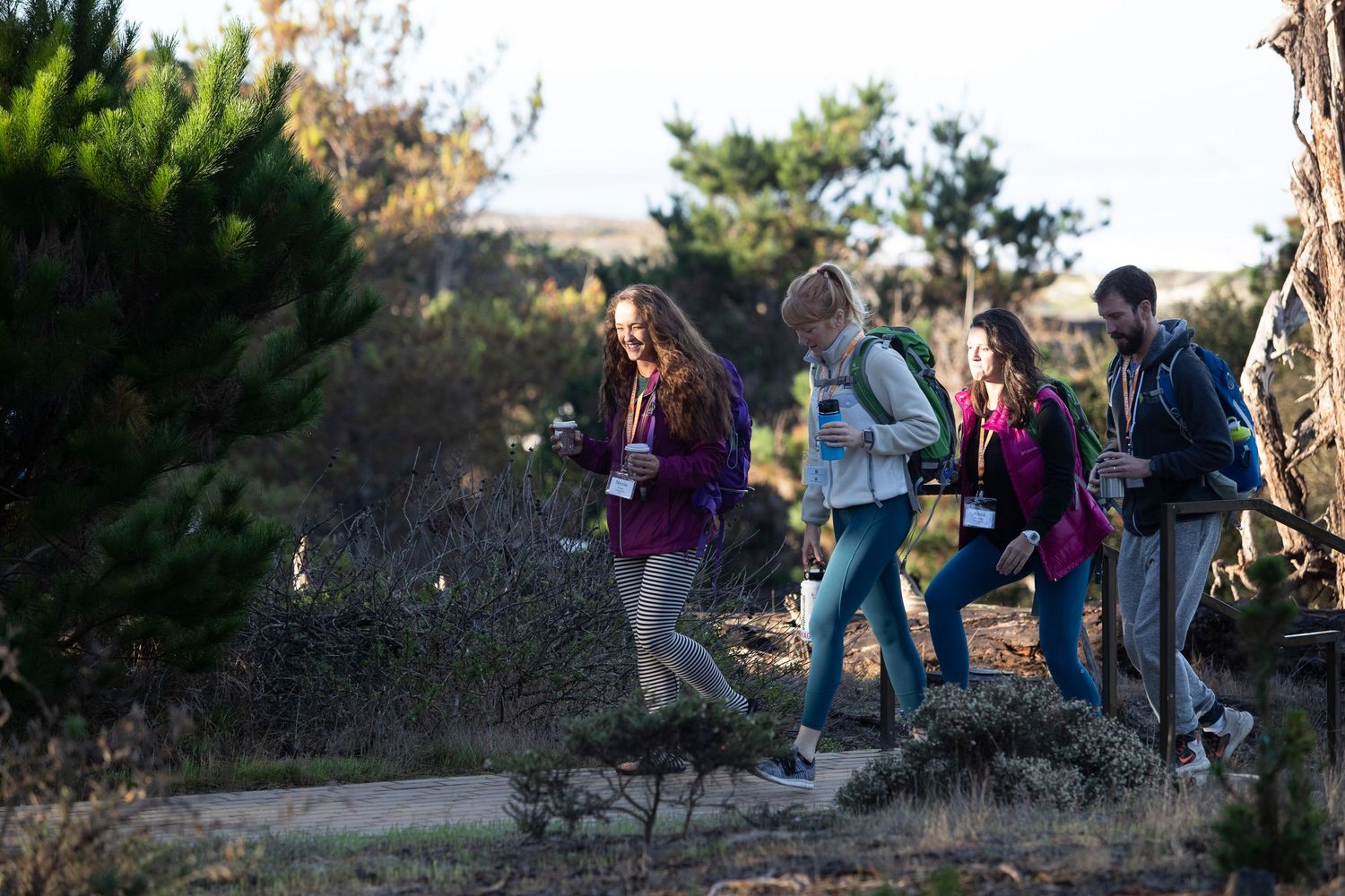 Group of students hiking together on a nature trail at dusk.