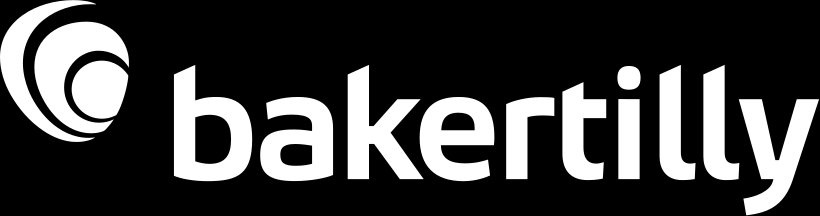 Black and white Bakertilly company logo design with stylized circular wave pattern.