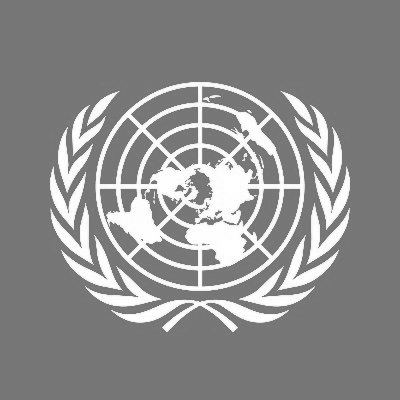 United Nations logo variations in grayscale showing different designs of the UN emblem with olive branches and world map.