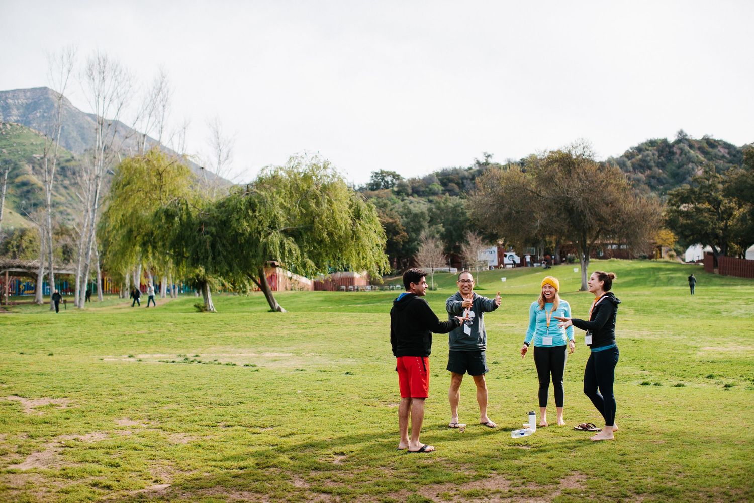 A group of people exercising together in a scenic park with willow trees and mountains in the background.