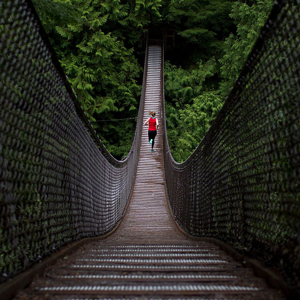 A figure in red crosses a long wooden suspension bridge surrounded by lush green forest canopy.