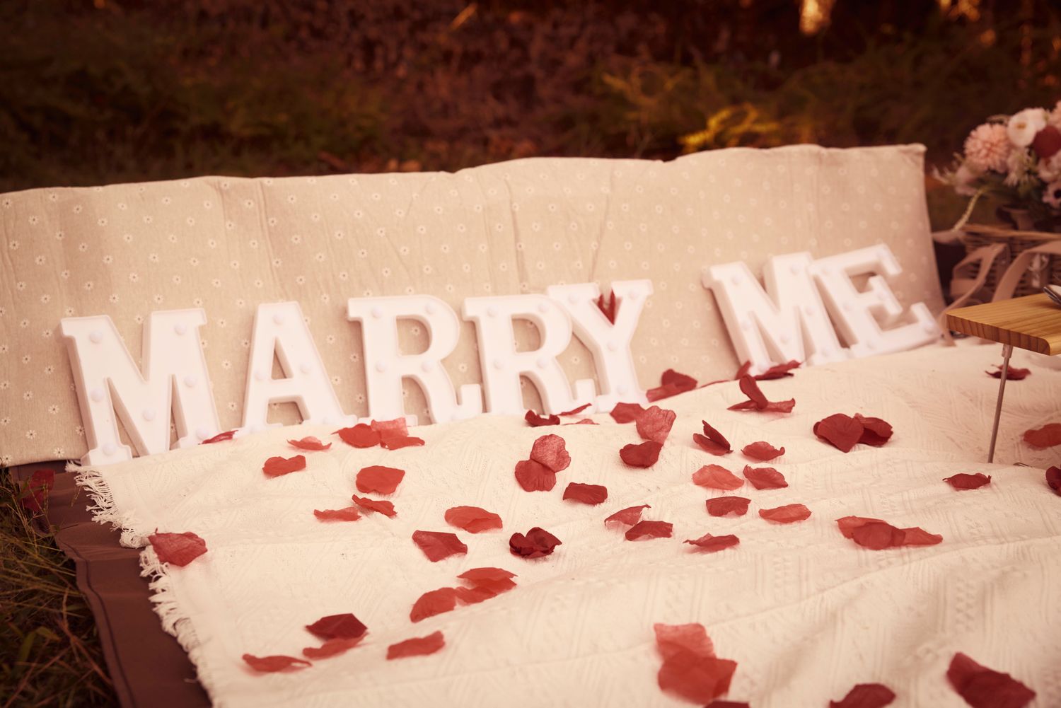 Decorative letters spelling out 'MARRY ME' with rose petals scattered around on a rustic surface.