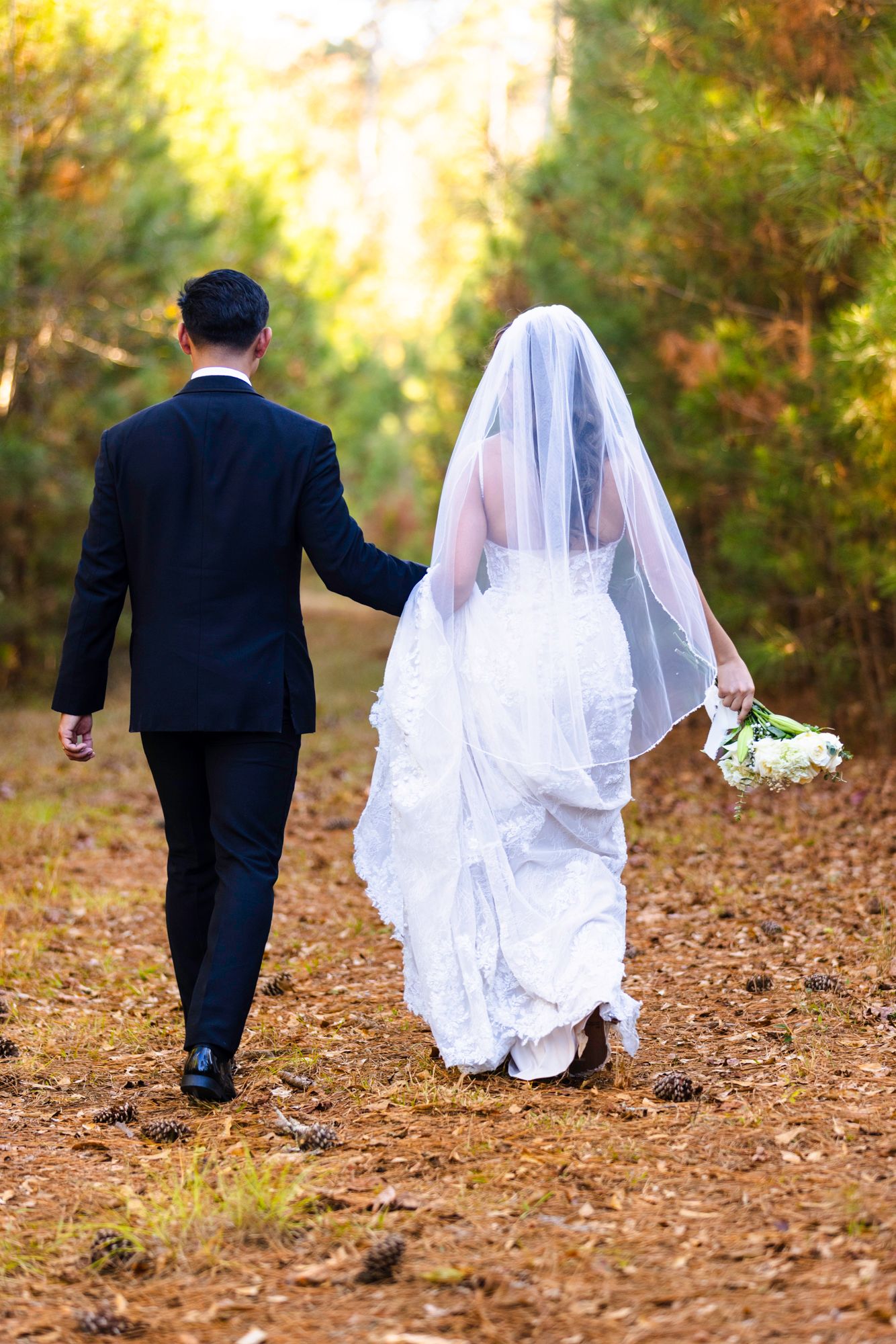 Wedding sequence showing couple walking through autumn leaves in formal attire.