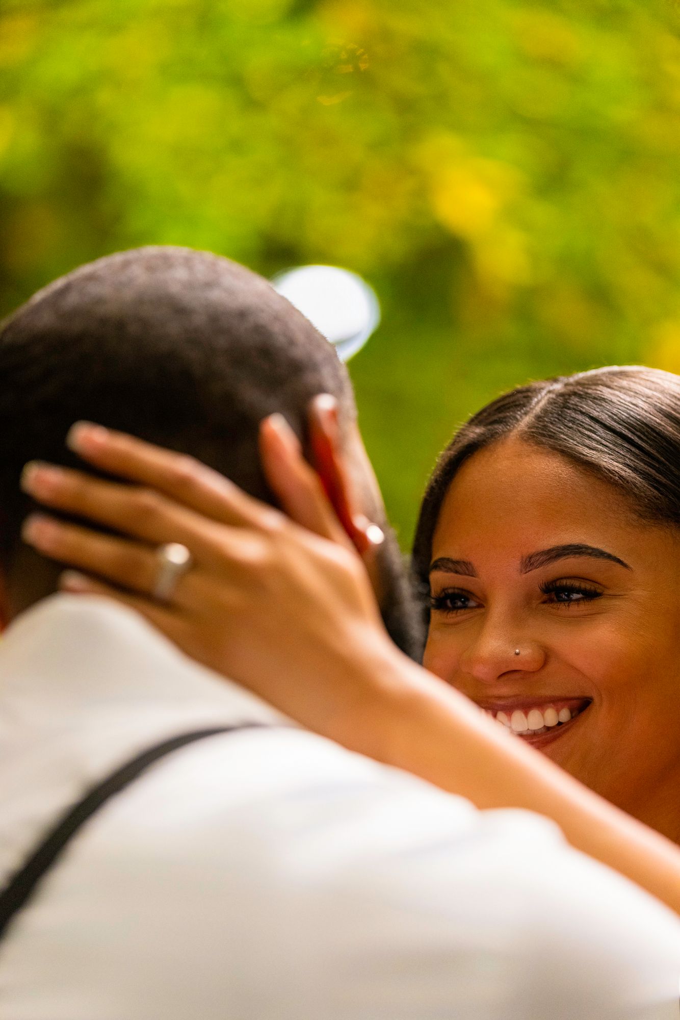 A joyful moment captured between a couple during their engagement photoshoot.