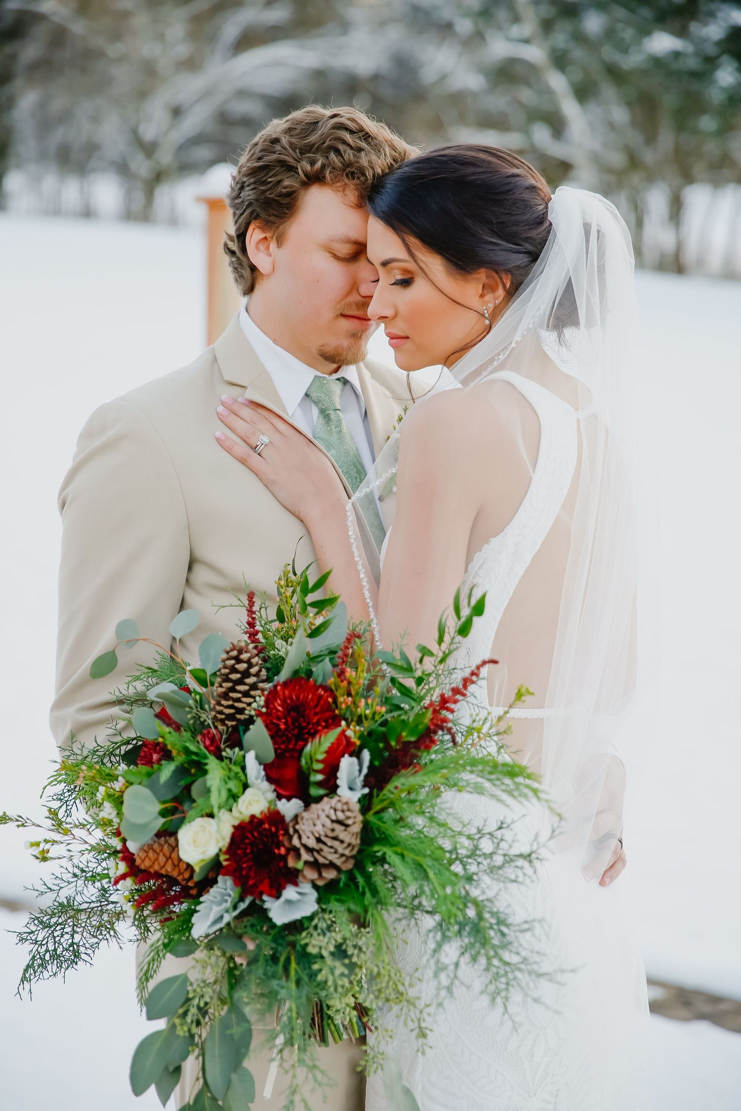 Bride and groom in the snow.