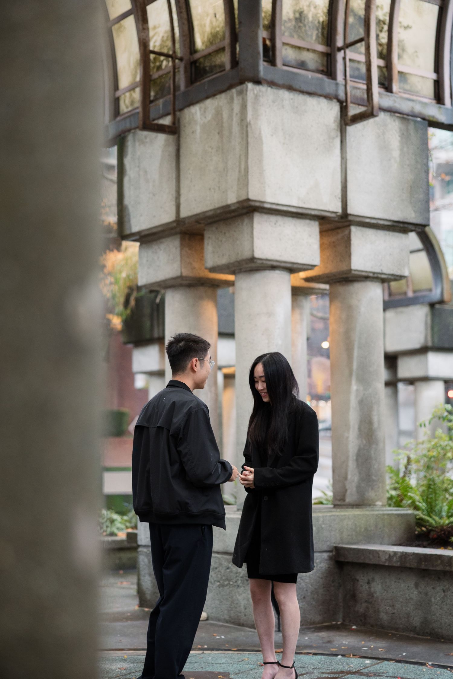 downtown Vancouver rainy couples session, umbrella photography, proposal photography, engagement session, she said yes
