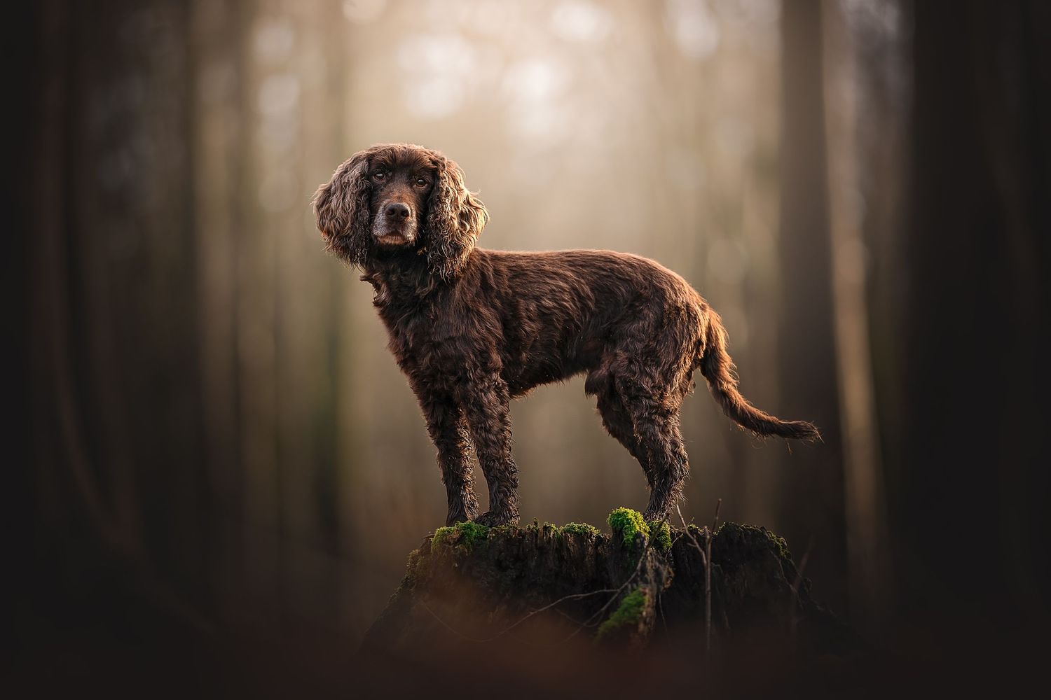 cocker spaniel posing on a stump with moody tones