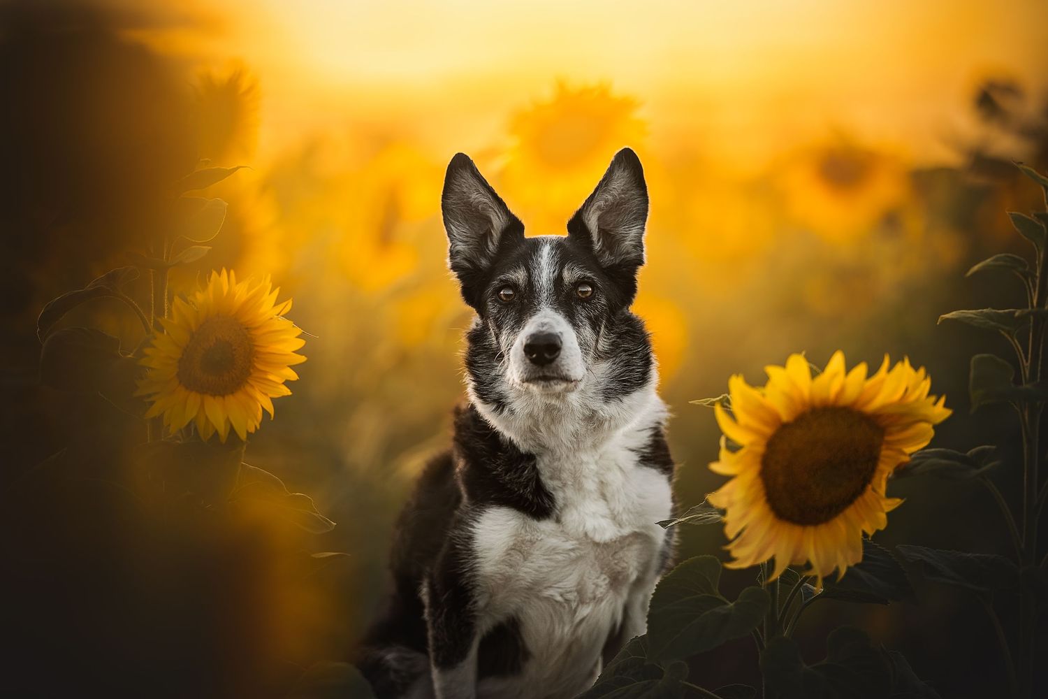 headshot portrait of a dog at golden hour among sunflowers