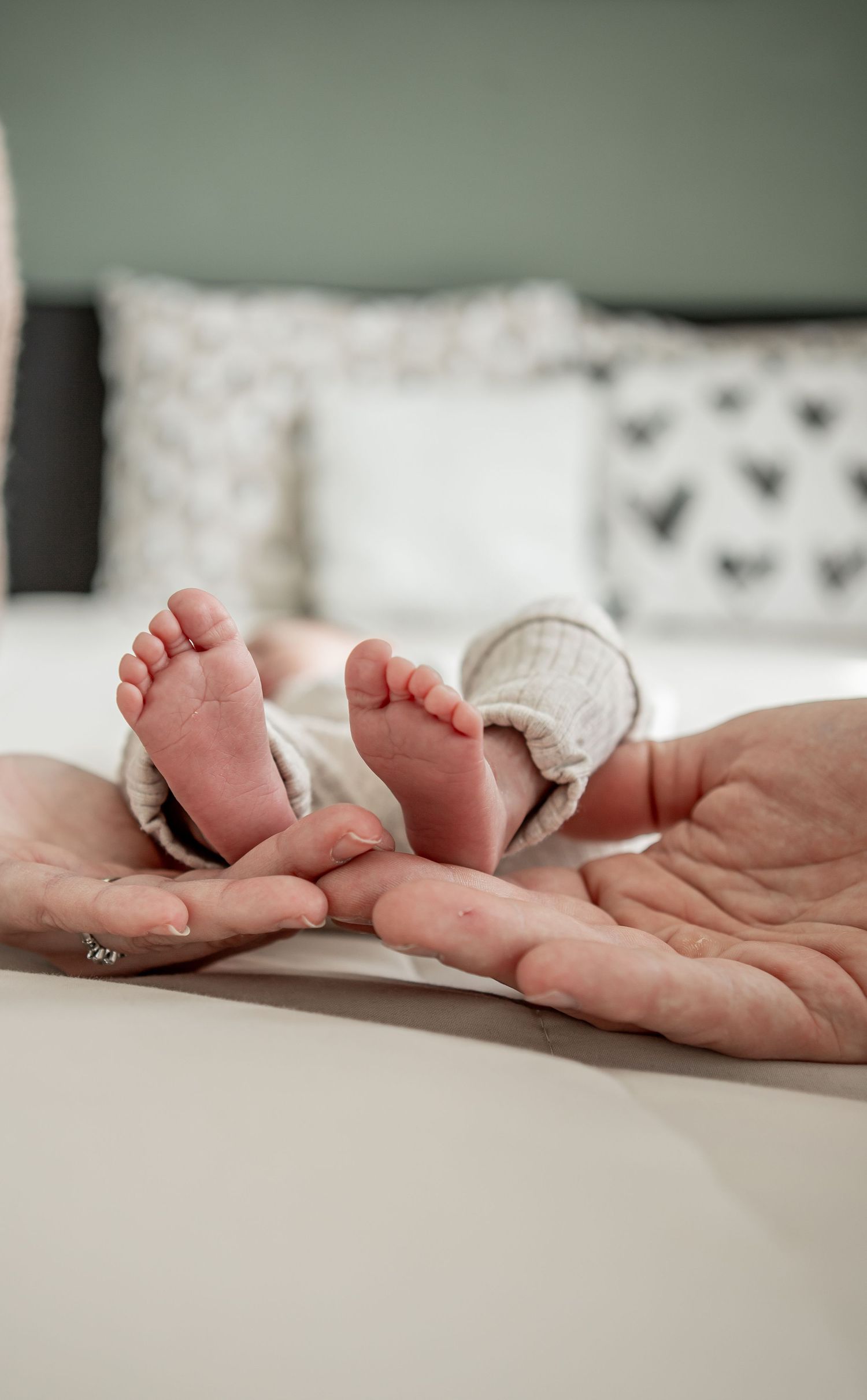 Two adult hands gently supporting tiny newborn baby feet on a white bed.