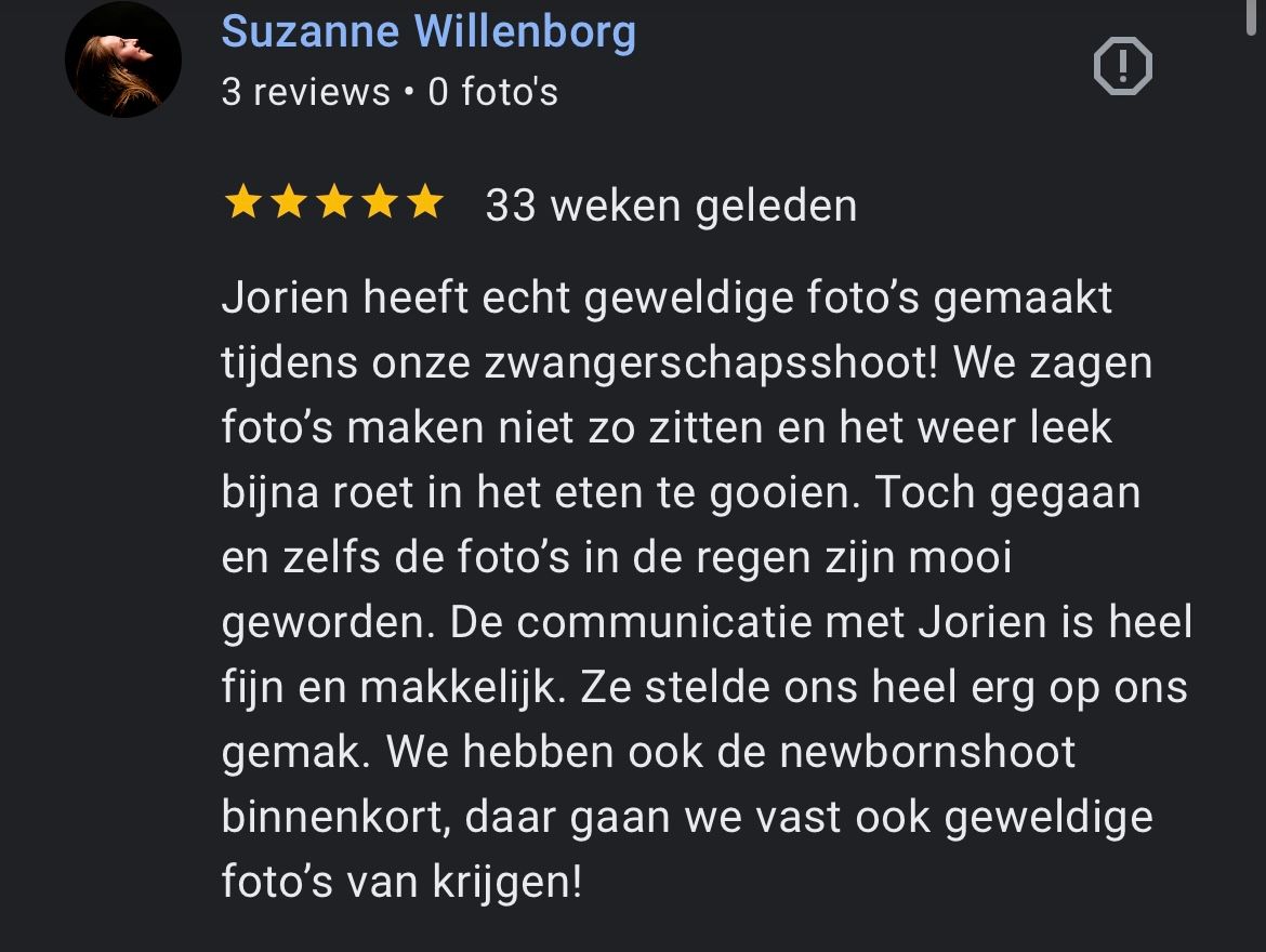 Five-star Google review by Suzanne Willenborg praising pregnancy shoot photographer Jorien for great photos and communication.