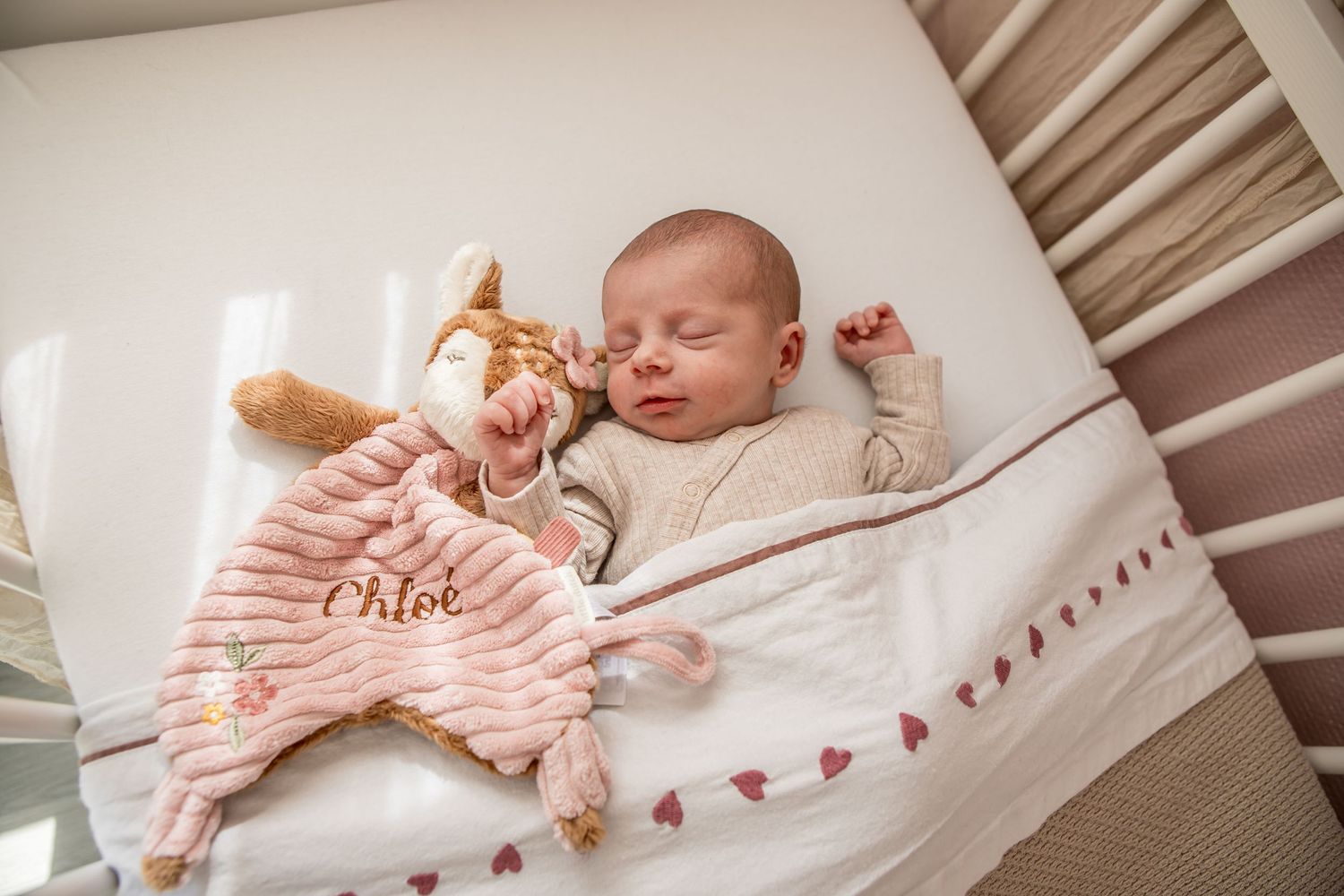Peaceful newborn baby sleeping in a white crib cuddling a personalized Chloe pink stuffed toy.