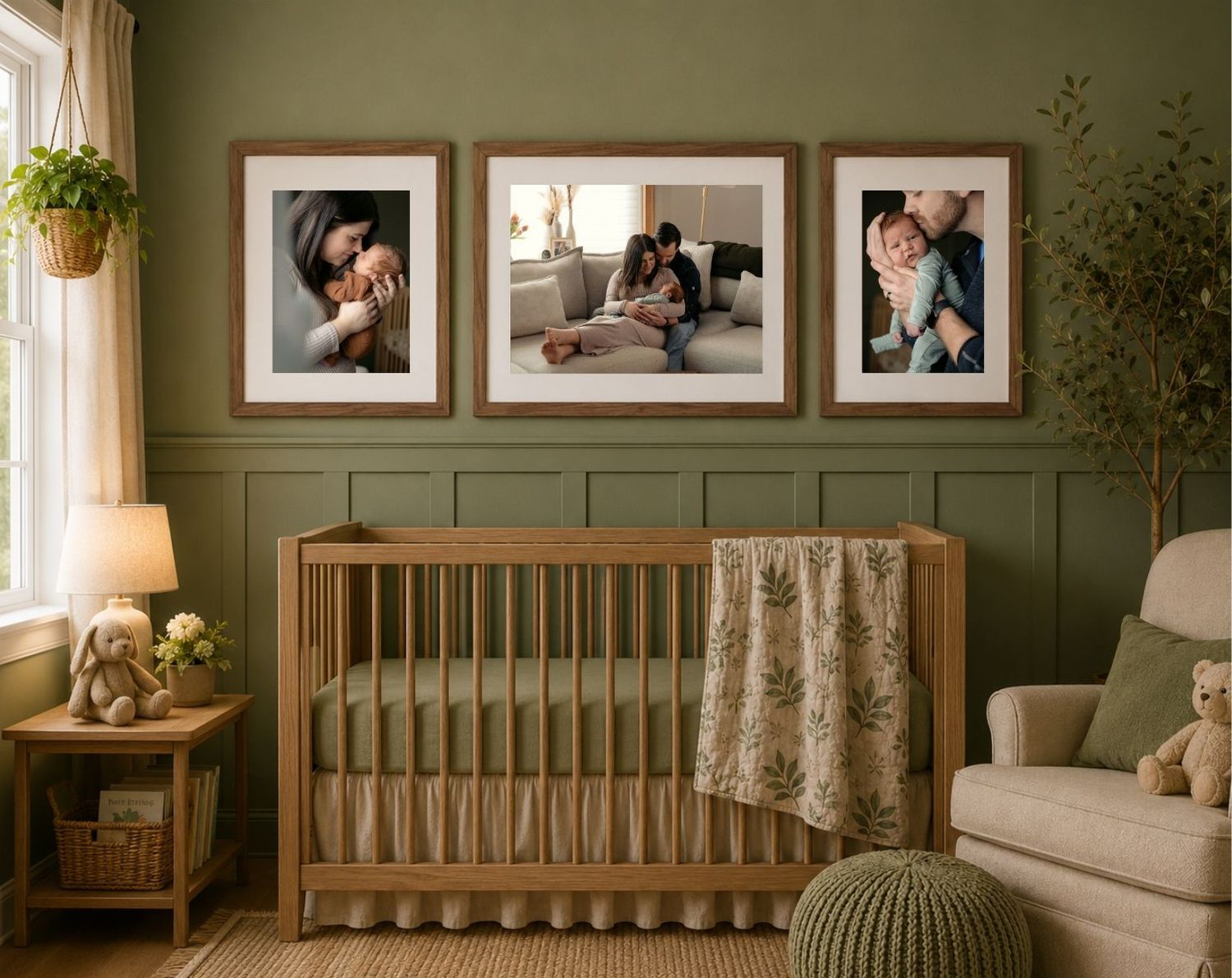 three custom framed wall art prints of mom, dad & baby during their in home lifestyle newborn session in minnesota hanging in the nursery