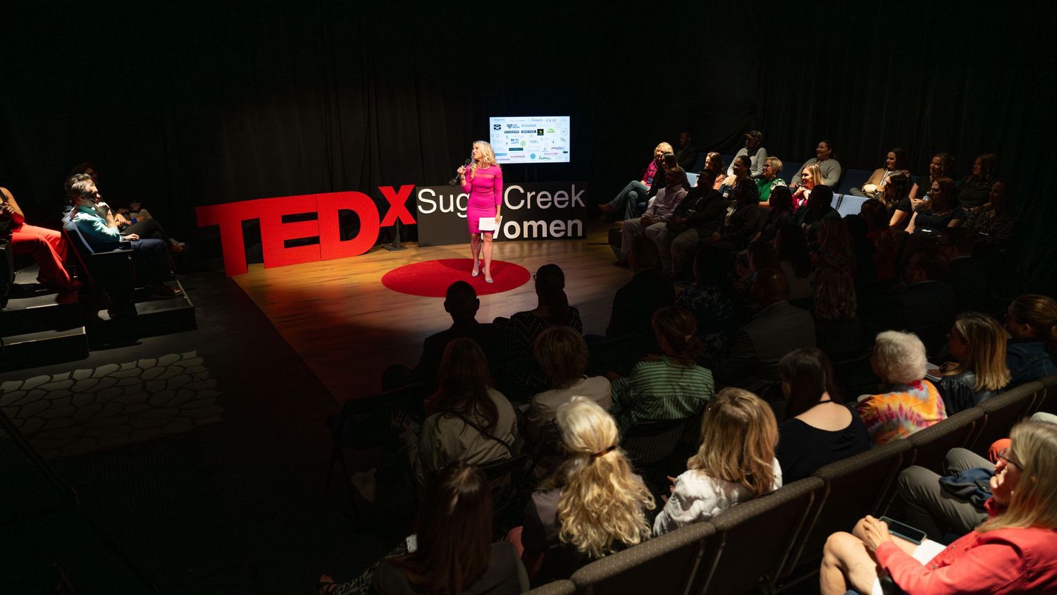 Wide shot of audience watching a speaker on a TEDxSugarCreek Women stage.