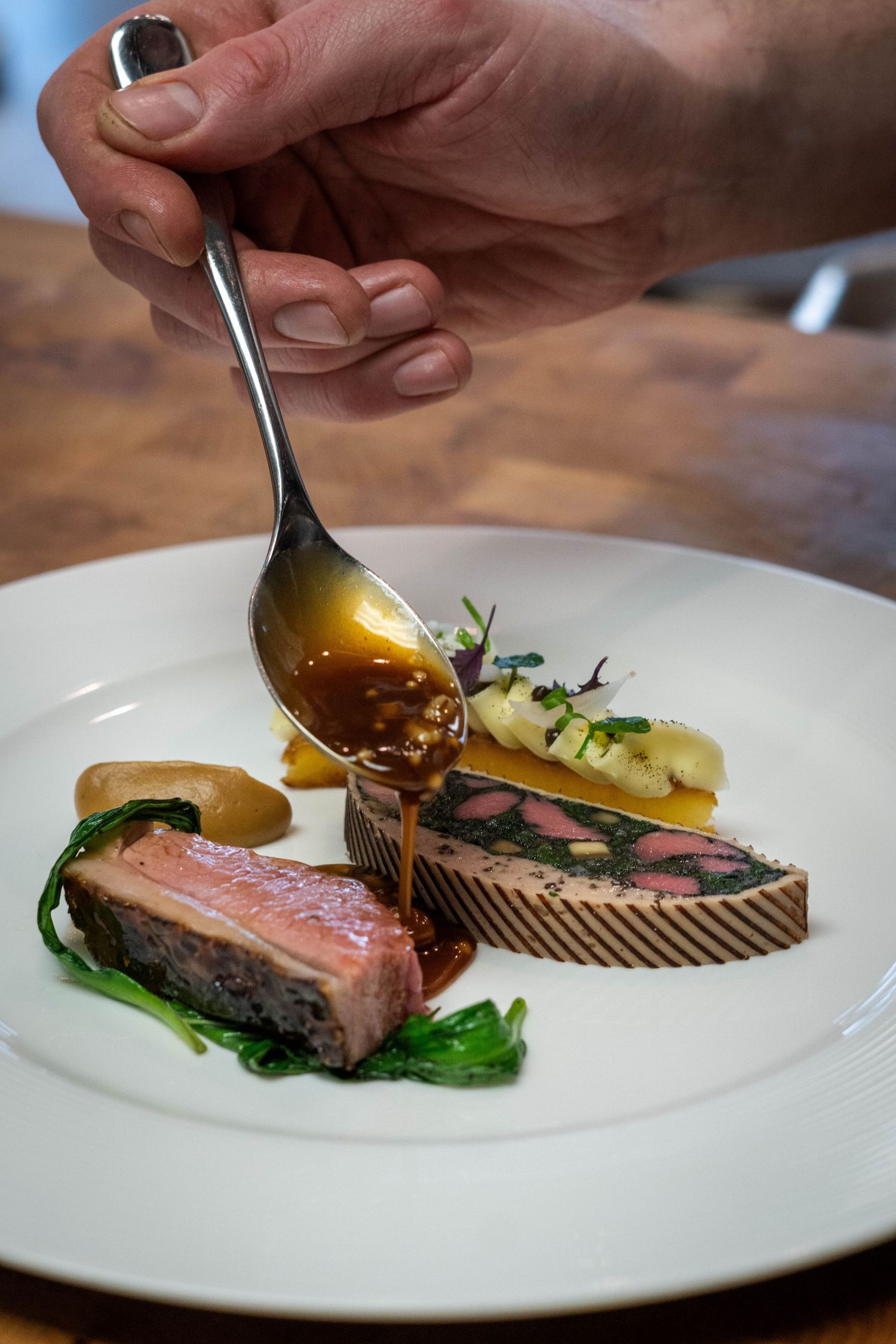 BBQ Scotch lamb short saddle with haggis style spices
Mini fillet & wild garlic farce