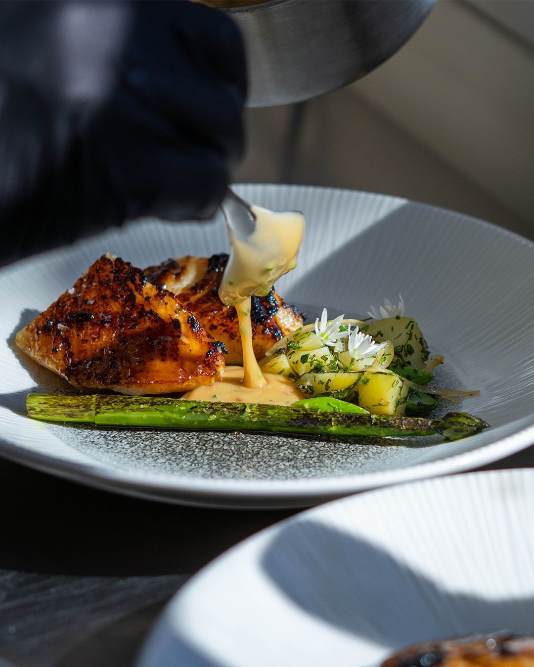 Barbecued John Dory with Jersey Royal Fricassee, Barbecued Asparagus Spear and an Asian Inspired Butter Sauce