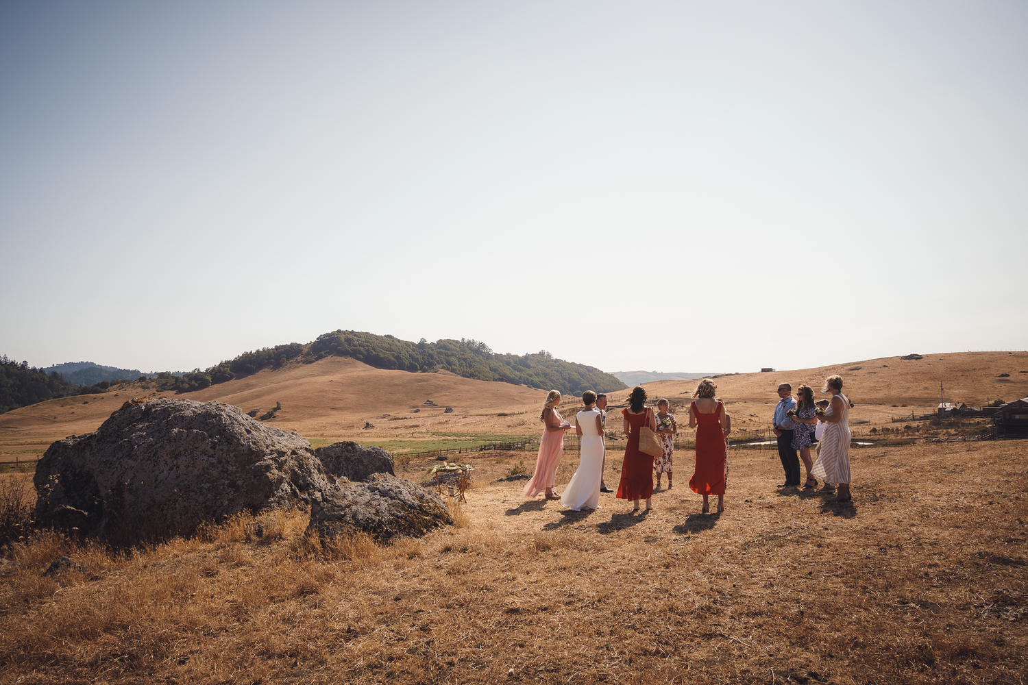 Wedding guests gather on a hilltop overlooking a scenic mountain landscape at Cow-Track Ranch in Marin County.