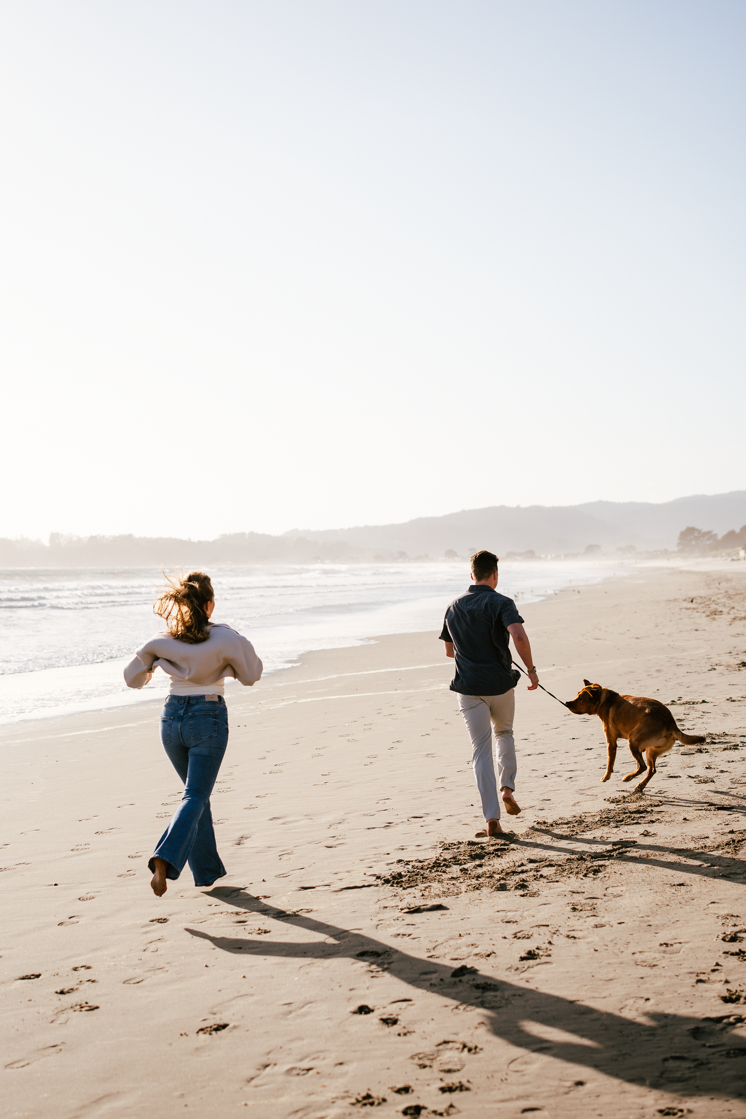 A playful scene of people running on the beach with their energetic dog on a bright day at Stinson Beach in Marin County.