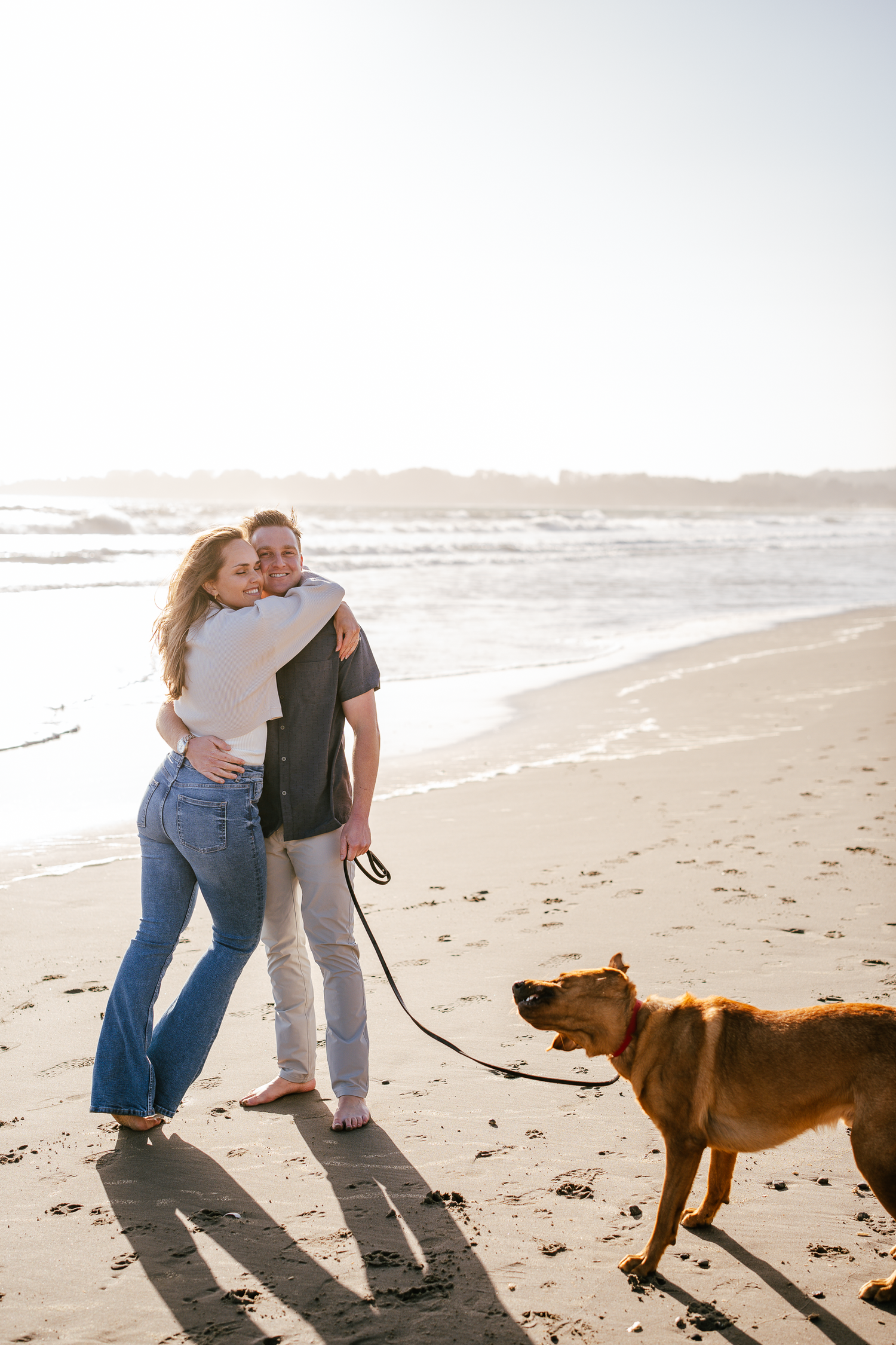 A couple embraces while their brown dog stands beside them at Stinson Beach in Marin County during sunset.