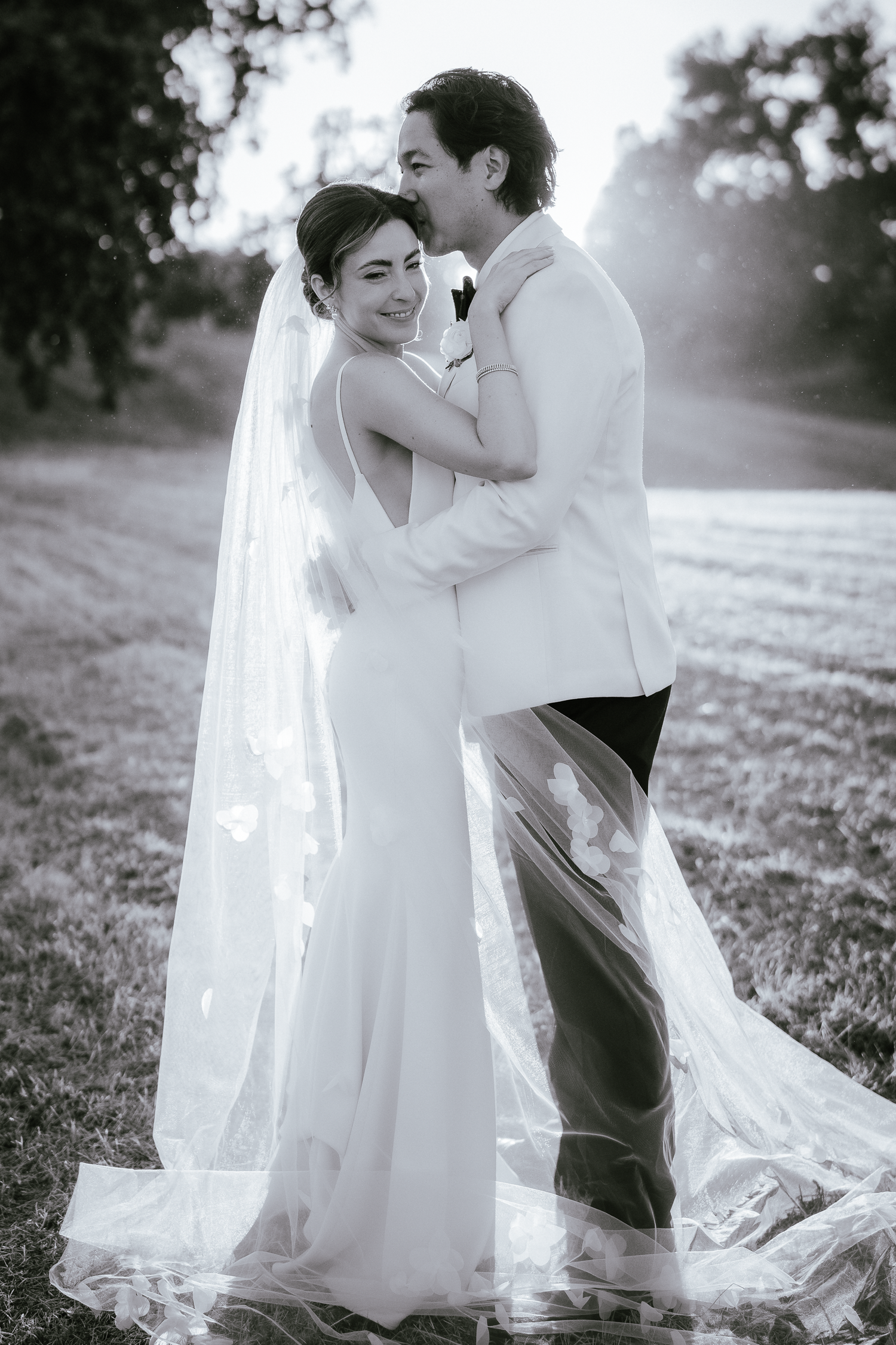 Classic black and white wedding portrait of couple embracing with flowing veil at Harper's Rest in Healdsburg, California.