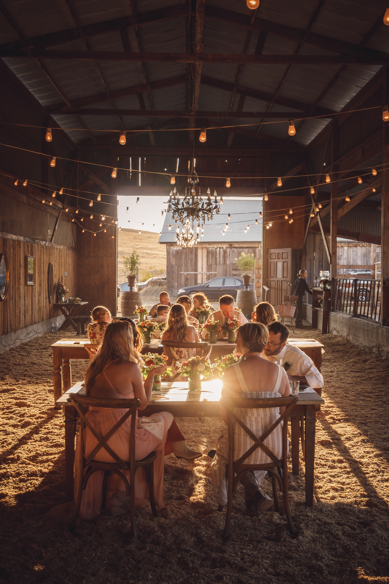 Wedding reception dinner setup in a rustic barn with string lights and golden hour lighting at Cow-Track Ranch in Marin County.