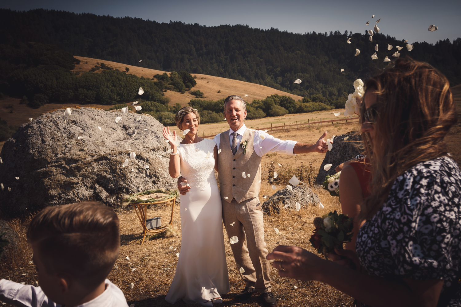 Wedding celebration in a scenic mountain setting at Cow-Track Ranch in Marin County.