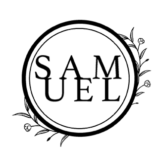 Minimalist circular logo design with the word SAMUEL and decorative floral elements. Logo for Weddings By Samuel