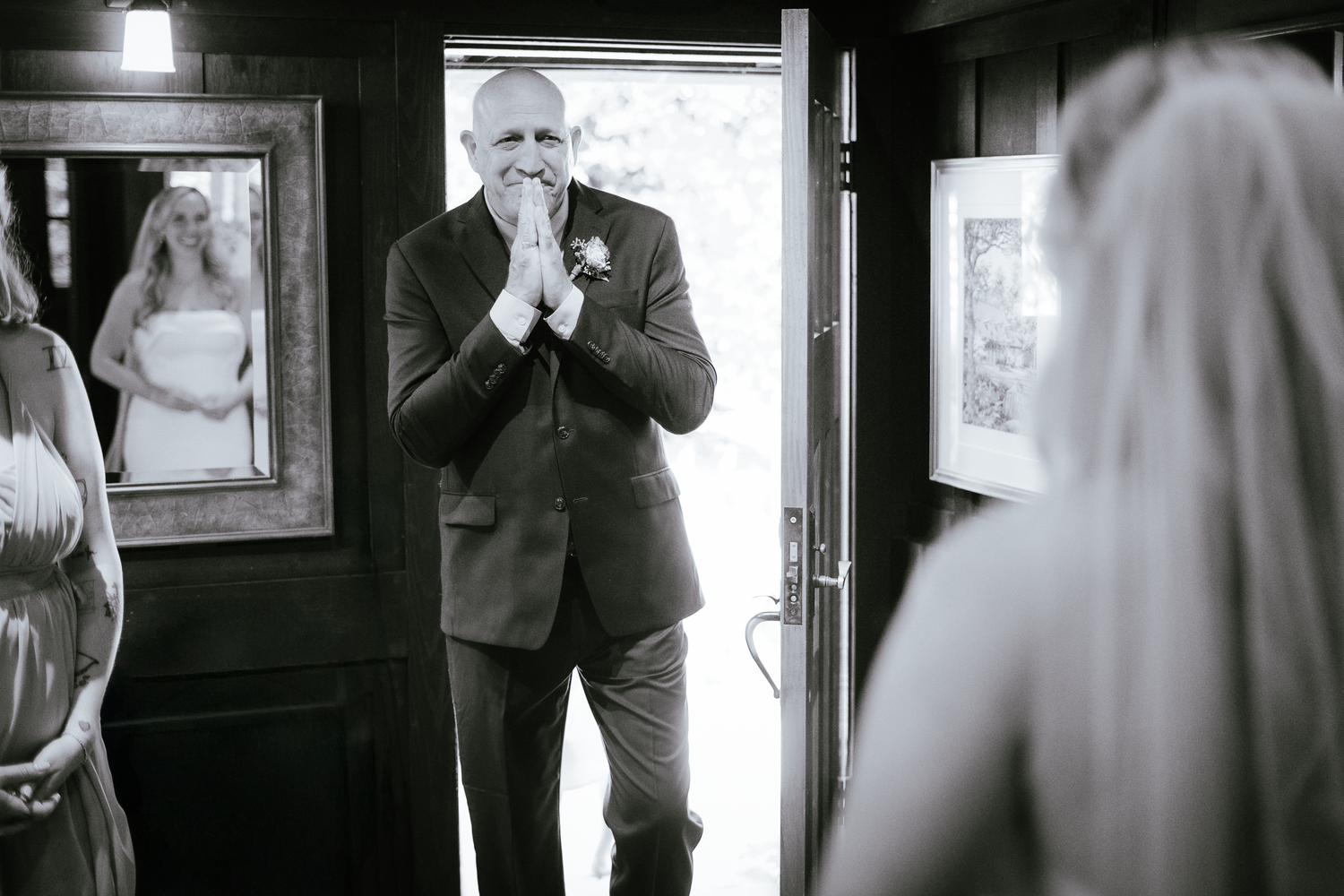 Father of the bride's reaction to seeing her for the first time in her wedding dress at the Outdoor Art Club in Mill Valley, California.