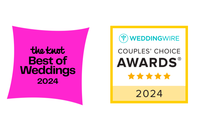 Collection of wedding industry award badges and recognition logos in pink and gold colors.
