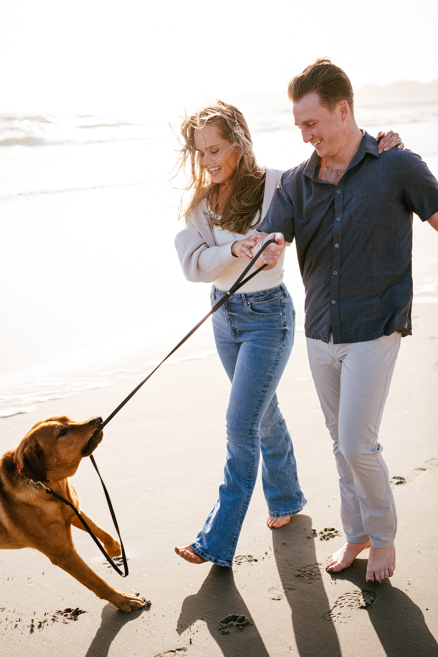 A couple plays with their brown dog on a sunny beach while leaving footprints in the sand at Stinson Beach in Marin County.