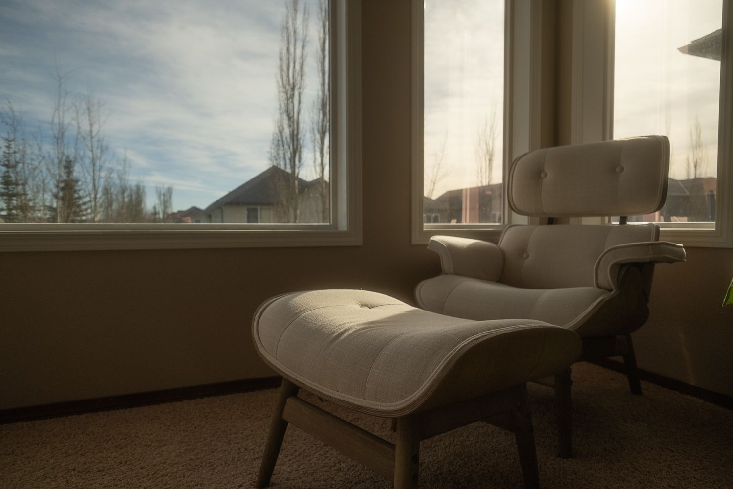Modern white Eames lounge chair next to window with mountain view in minimalist interior.