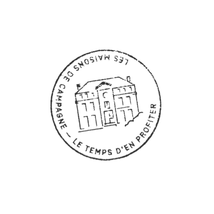 Circular vintage stamp design featuring a classic building facade illustration.