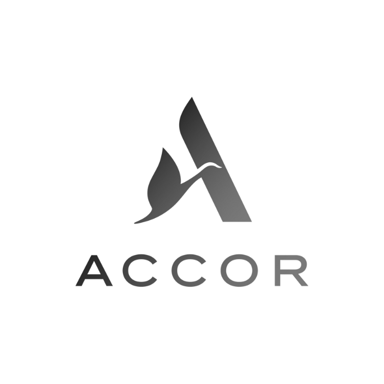 Accor hospitality group logo featuring a minimalist stylized letter A design in grey.