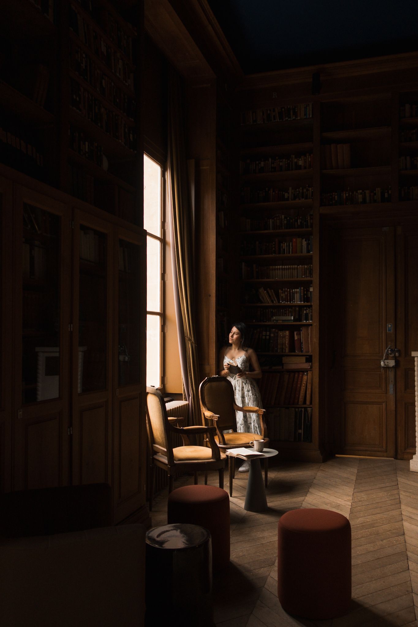 Dark library interior with window light illuminating a reading nook with bookshelves and vintage furniture.