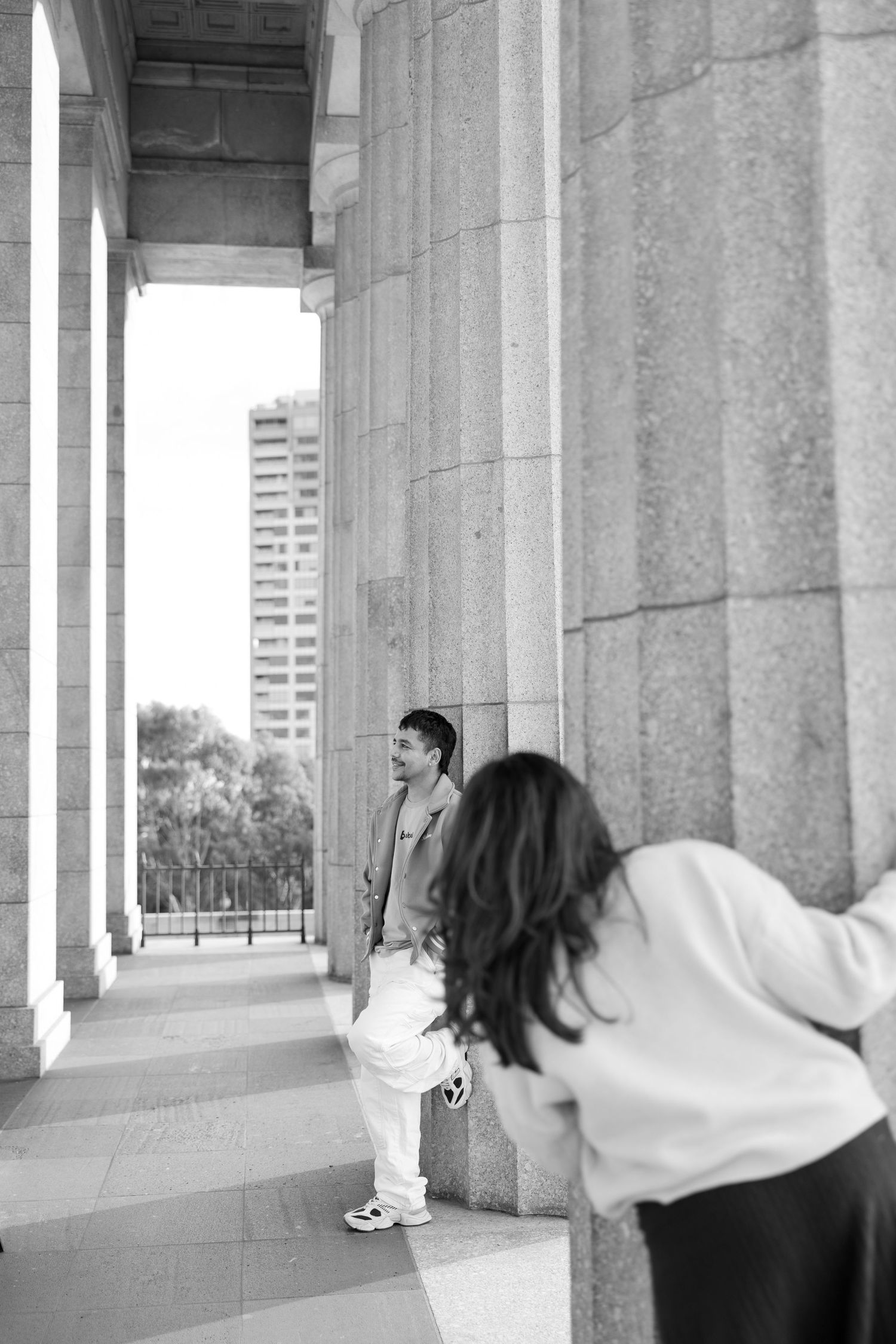 Black and white architectural photo series featuring stone columns and modern buildings.