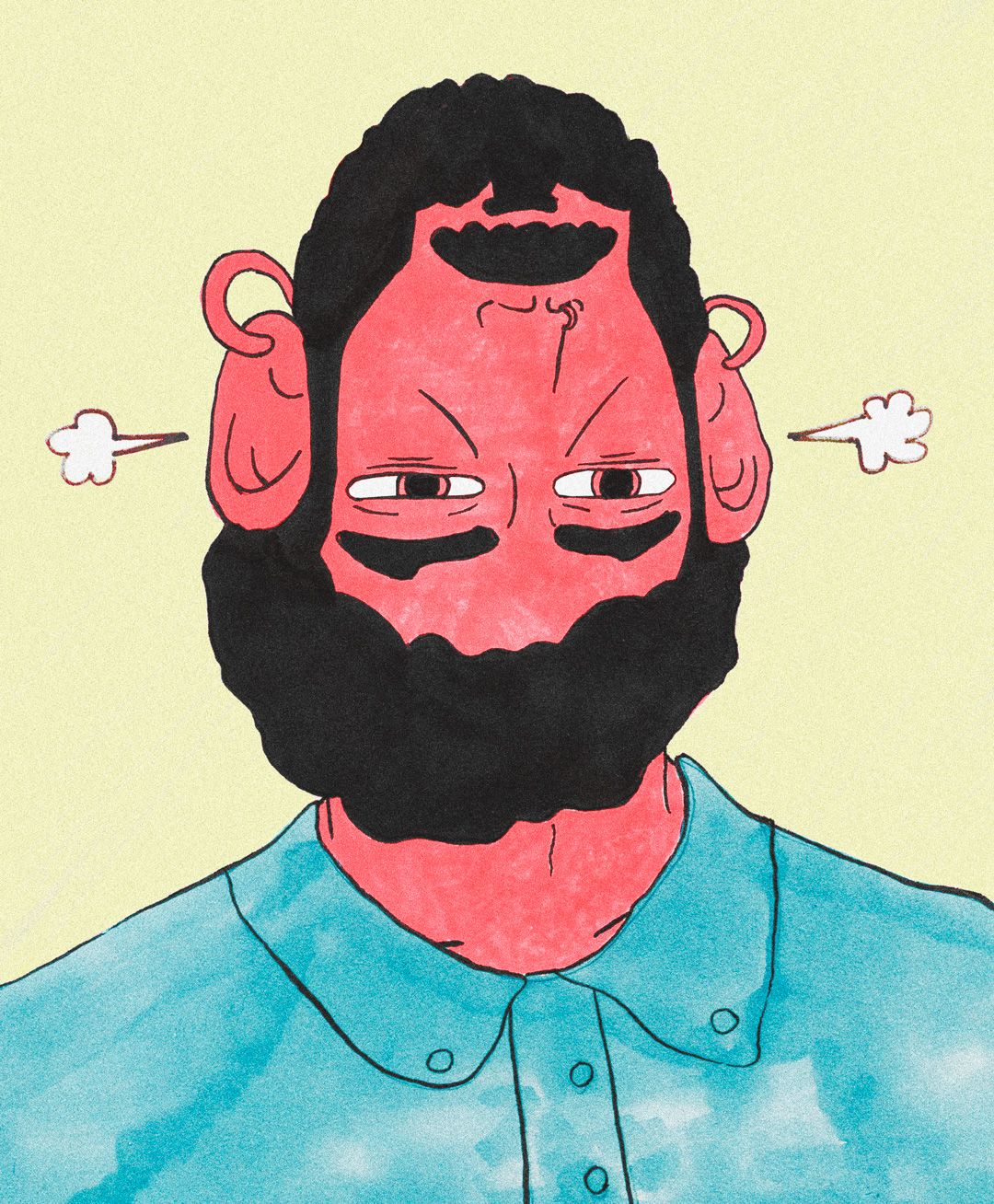 Handmade illustration of bearded man wearing a blue shirt with his head upside down. Illustration project by studio sale.