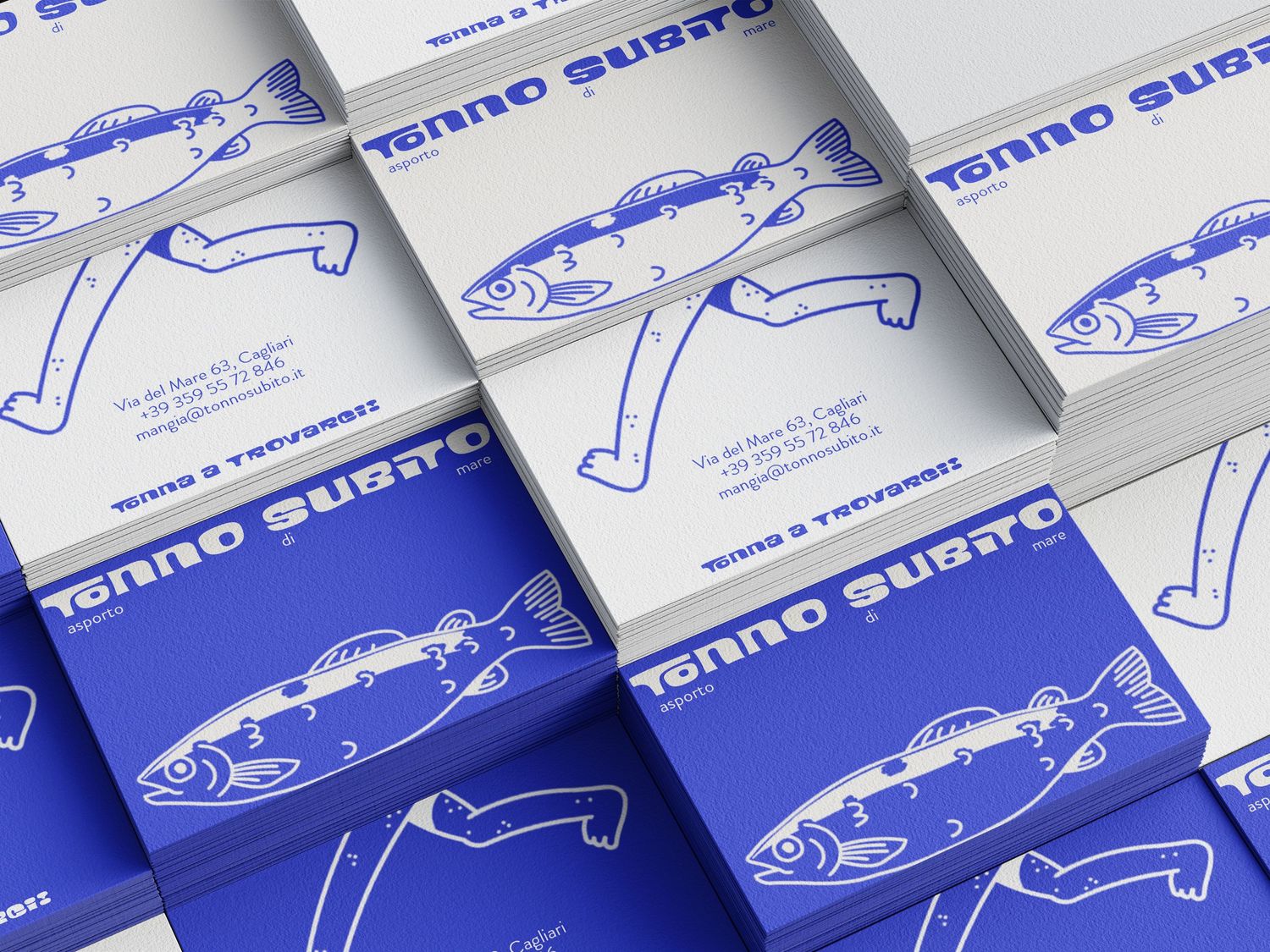 Mockup for the fictional seafood restaurant Tonno Subito, with hand-drawn illustration by STUDIOsale, blue illustration on white