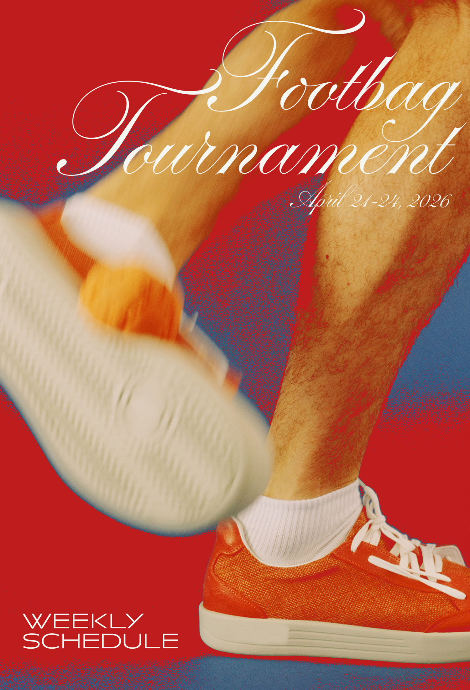 Locandina di un evento di Footbag privato con colori accesi e due gambe di un uomo che giocano a questo sport con una pallina arancione.