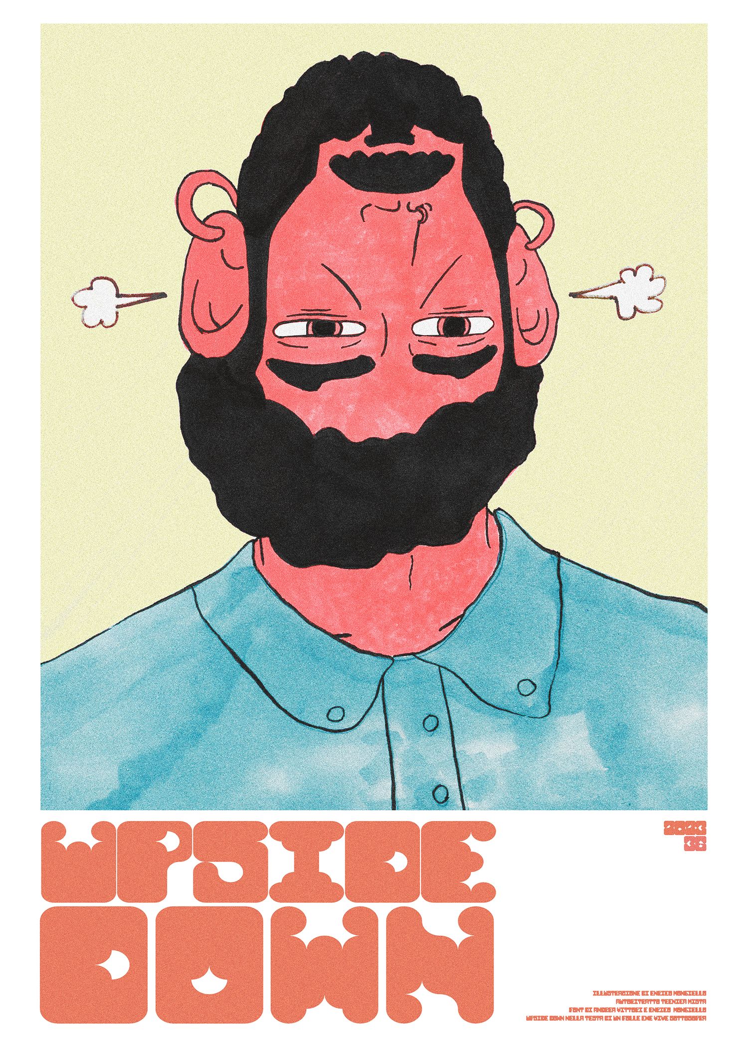 Handmade illustration of bearded man wearing a blue shirt with his head upside down. Illustration project by studio sale.